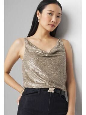 White House Black Market XS Champagne Sequin Cowl Draped Sleeveless Tank NWT